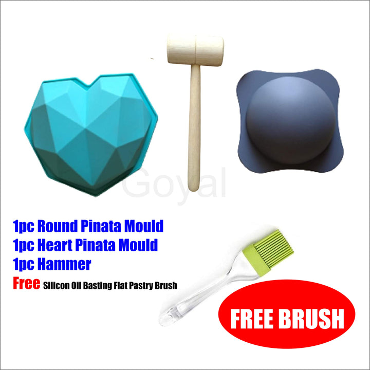 Silicone Pinata 1 3D Diamond Heart Shape & 1 Round Pinata Mould/Mold Chocolate Cake Mould 500g with 1 Hammer(Random Color)