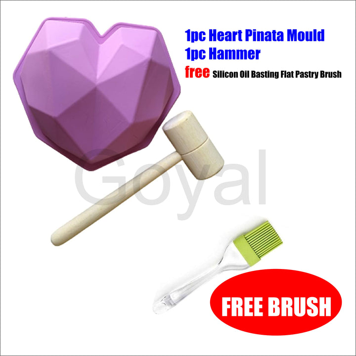 Silicone Heart Pinata Cake Mould And Hammer+ Free Silicon Oil Basting Flat Pastry Brush